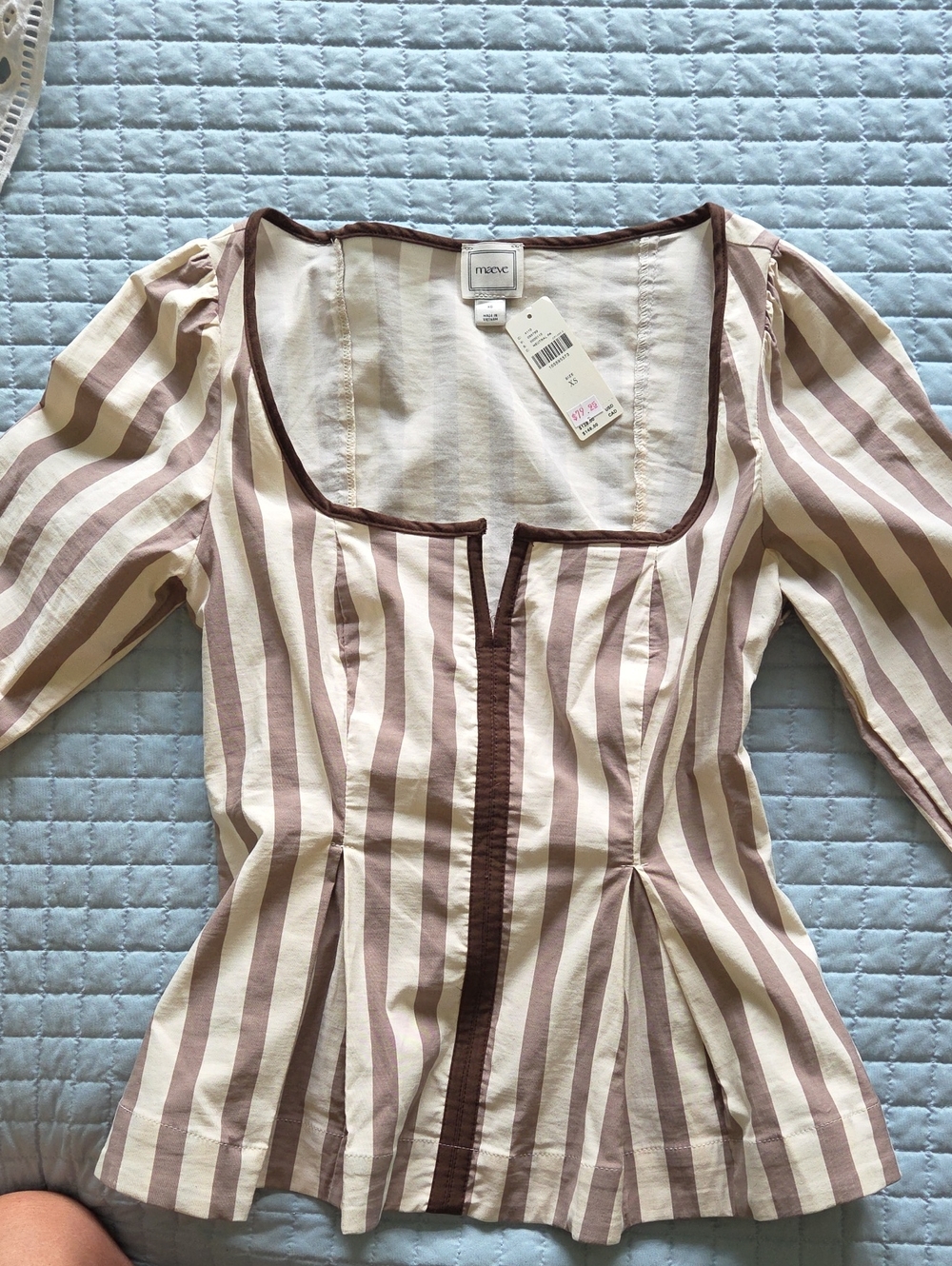 Maeve Cream and Brown Striped Square-Neck Blouse